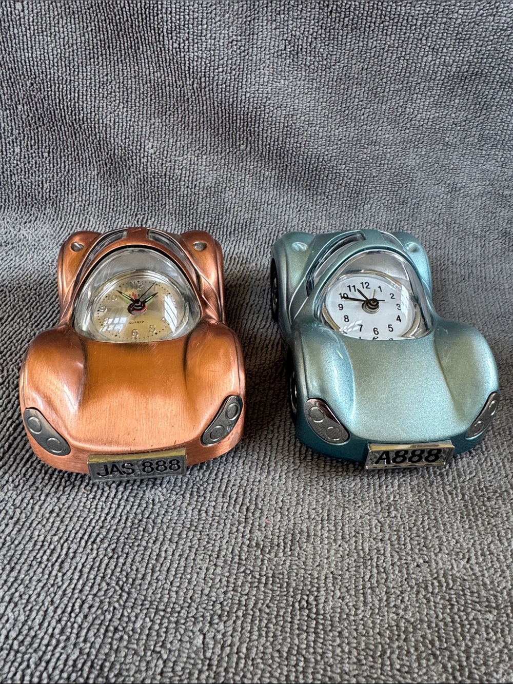 Miniature Car-Shaped Clock in Rose Gold/Copper and Blue Pearl Teal, Set of 2